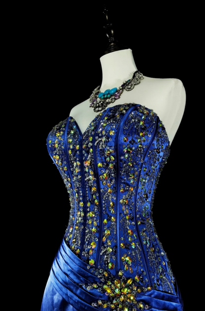 Chic Sheath Blue Long Prom Dress Satin Beaded Sweetheart Evening Dress Sleevless Birthday Dress DP04837