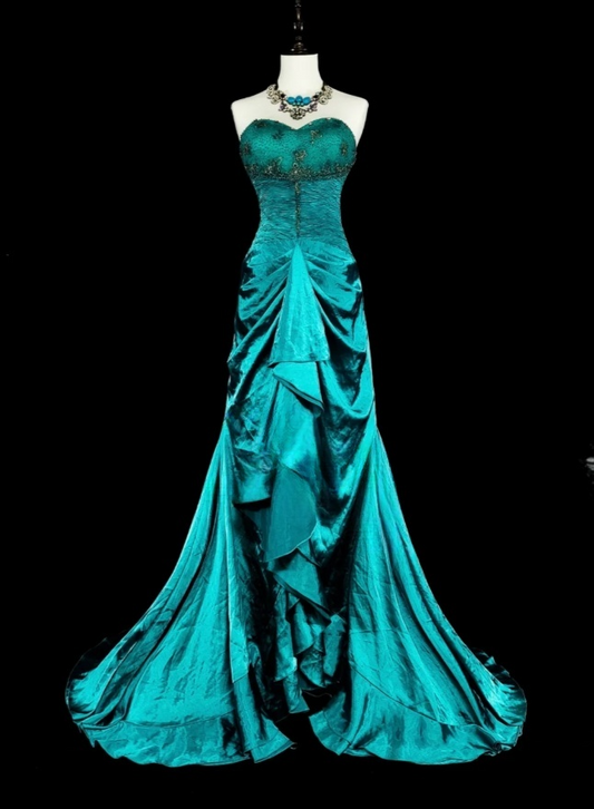Chic Sheath Turquoise Long Prom Dress Satin Beaded Sweetheart Evening Dress Sleevless Birthday Dress DP04838