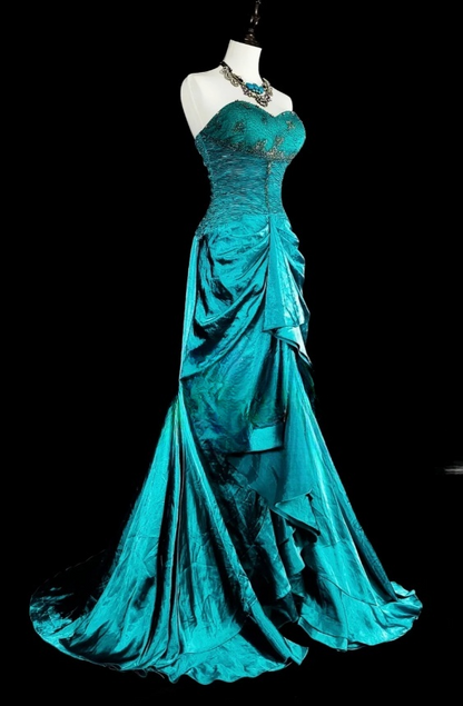 Chic Sheath Turquoise Long Prom Dress Satin Beaded Sweetheart Evening Dress Sleevless Birthday Dress DP04838