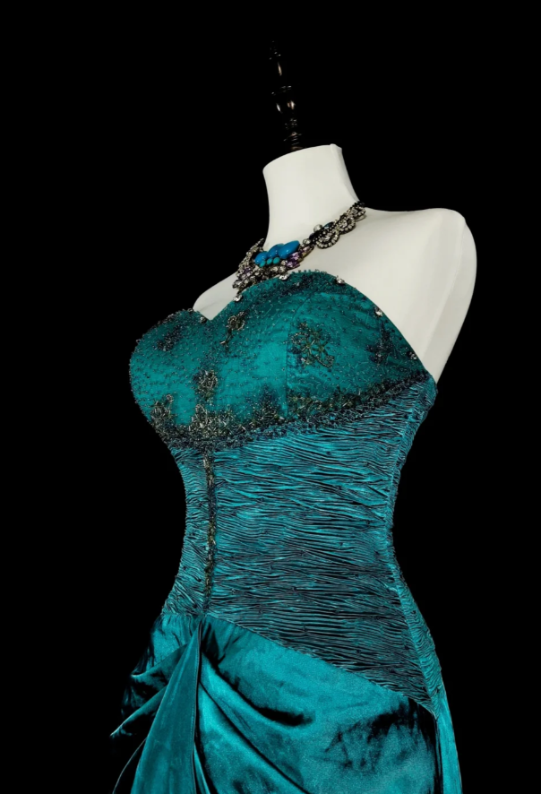 Chic Sheath Turquoise Long Prom Dress Satin Beaded Sweetheart Evening Dress Sleevless Birthday Dress DP04838