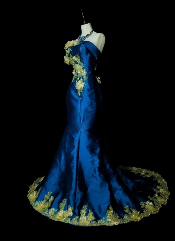 Chic Mermaid Blue Long Prom Dress Satin Appliques Strapless Evening Dress Sleevless Birthday Dress DP04839