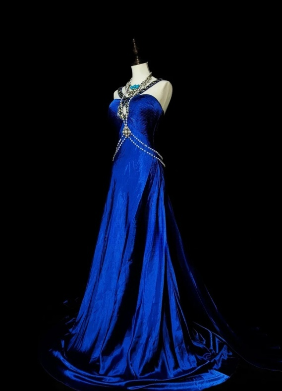 Chic Sheath Blue Long Prom Dress Satin Beaded Strapless Evening Dress Sleevless Birthday Dress DP04839
