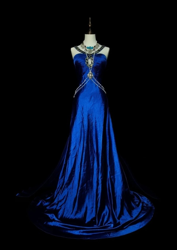 Chic Sheath Blue Long Prom Dress Satin Beaded Strapless Evening Dress Sleevless Birthday Dress DP04839