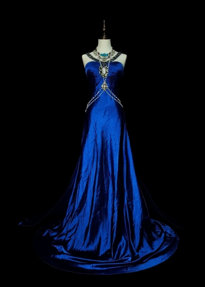 Chic Sheath Blue Long Prom Dress Satin Beaded Strapless Evening Dress Sleevless Birthday Dress DP04839