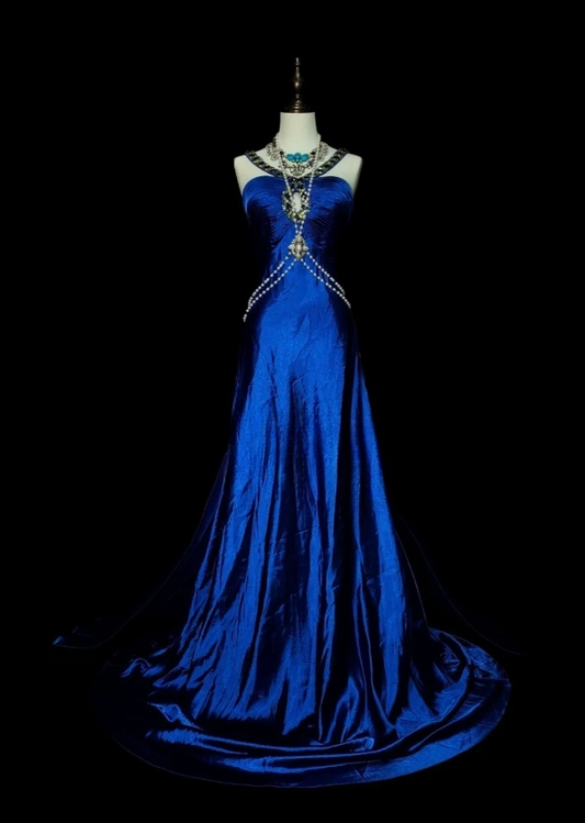 Chic Sheath Blue Long Prom Dress Satin Beaded Strapless Evening Dress Sleevless Birthday Dress DP04839