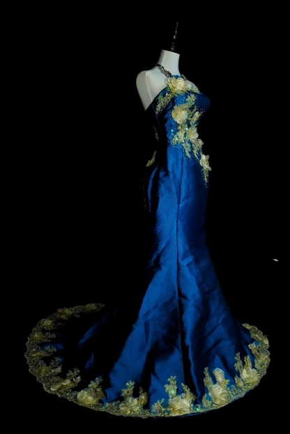 Chic Mermaid Blue Long Prom Dress Satin Appliques Strapless Evening Dress Sleevless Birthday Dress DP04839