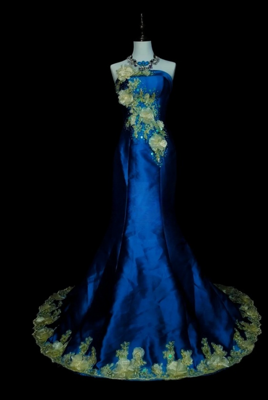 Chic Mermaid Blue Long Prom Dress Satin Appliques Strapless Evening Dress Sleevless Birthday Dress DP04839