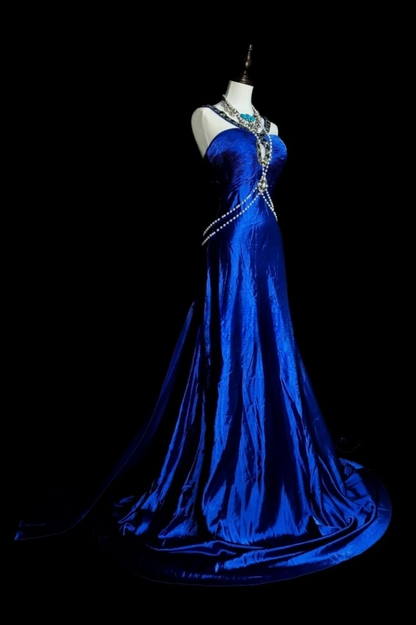Chic Sheath Blue Long Prom Dress Satin Beaded Strapless Evening Dress Sleevless Birthday Dress DP04839