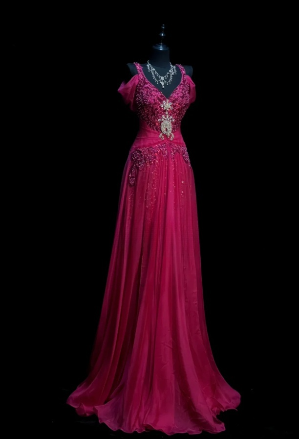 Chic A-Line Hot Pink Long Prom Dress Chiffon Beaded V-neck Evening Dress Sleevless Birthday Dress DP04840