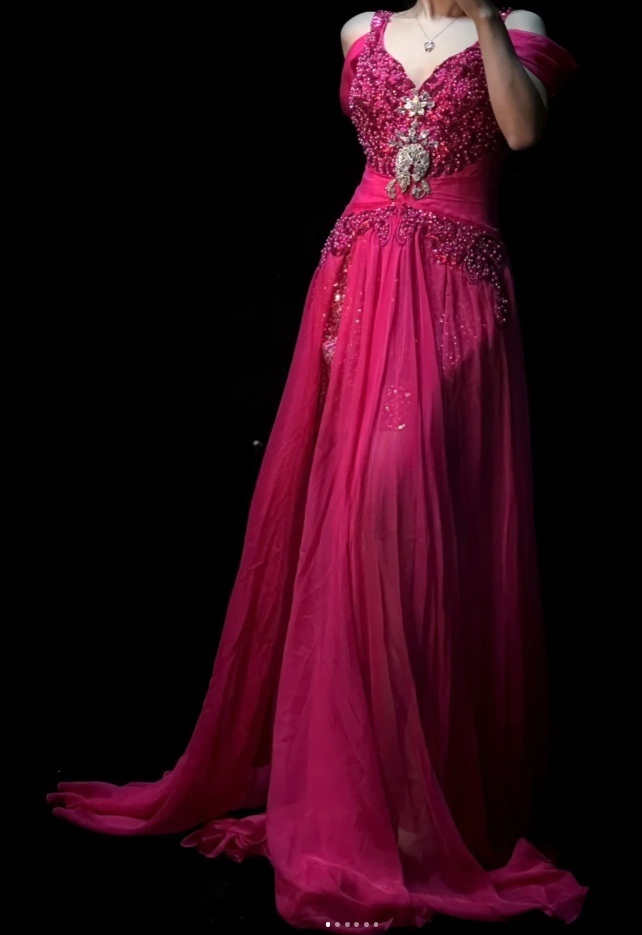Chic A-Line Hot Pink Long Prom Dress Chiffon Beaded V-neck Evening Dress Sleevless Birthday Dress DP04840