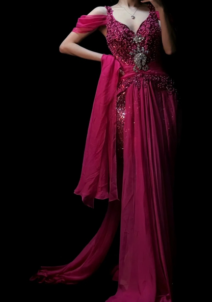 Chic A-Line Hot Pink Long Prom Dress Chiffon Beaded V-neck Evening Dress Sleevless Birthday Dress DP04840