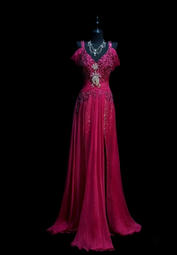 Chic A-Line Hot Pink Long Prom Dress Chiffon Beaded V-neck Evening Dress Sleevless Birthday Dress DP04840