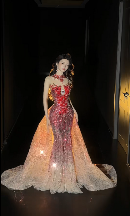 Gorgeous Mermaid Burgundy Long Prom Dress Tulle Beaded High Neck Sleeveless Evening Dress DP04841