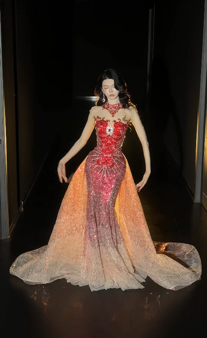 Gorgeous Mermaid Burgundy Long Prom Dress Tulle Beaded High Neck Sleeveless Evening Dress DP04841