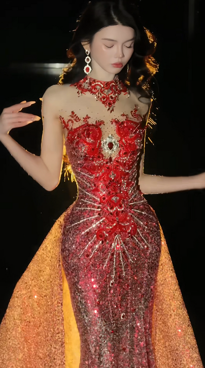 Gorgeous Mermaid Burgundy Long Prom Dress Tulle Beaded High Neck Sleeveless Evening Dress DP04841