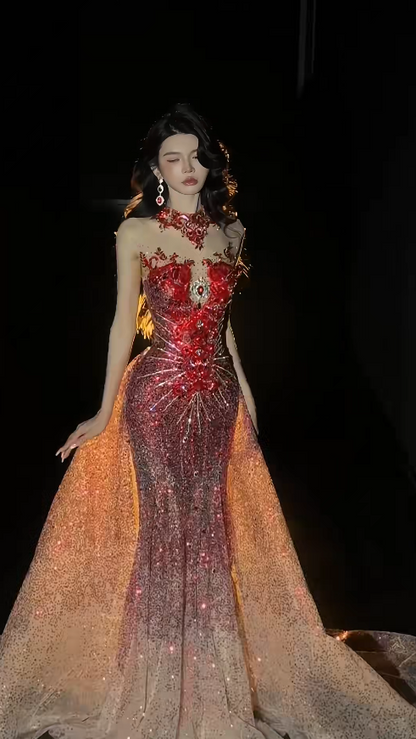 Gorgeous Mermaid Burgundy Long Prom Dress Tulle Beaded High Neck Sleeveless Evening Dress DP04841