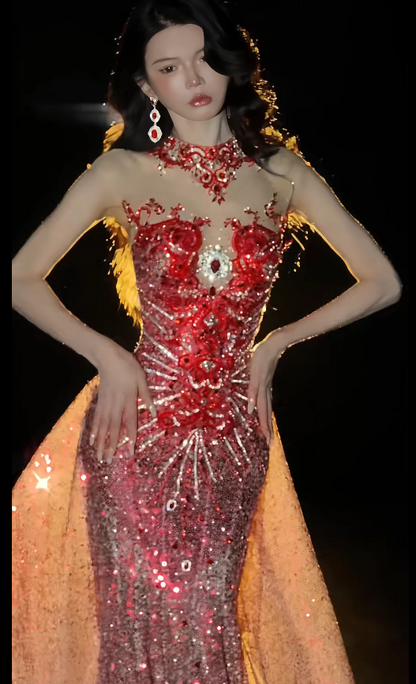 Gorgeous Mermaid Burgundy Long Prom Dress Tulle Beaded High Neck Sleeveless Evening Dress DP04841