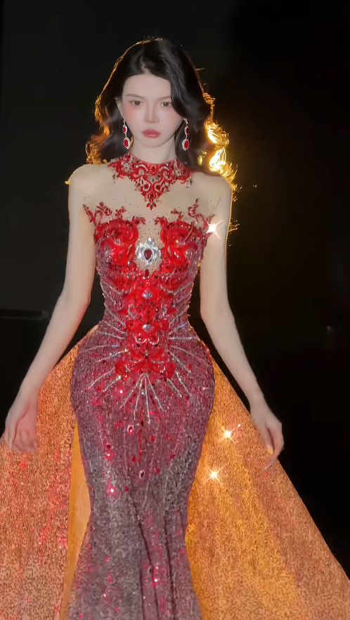 Gorgeous Mermaid Burgundy Long Prom Dress Tulle Beaded High Neck Sleeveless Evening Dress DP04841