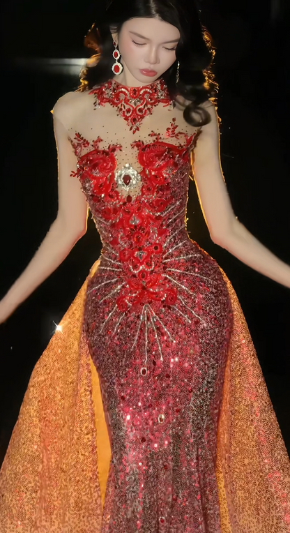 Gorgeous Mermaid Burgundy Long Prom Dress Tulle Beaded High Neck Sleeveless Evening Dress DP04841