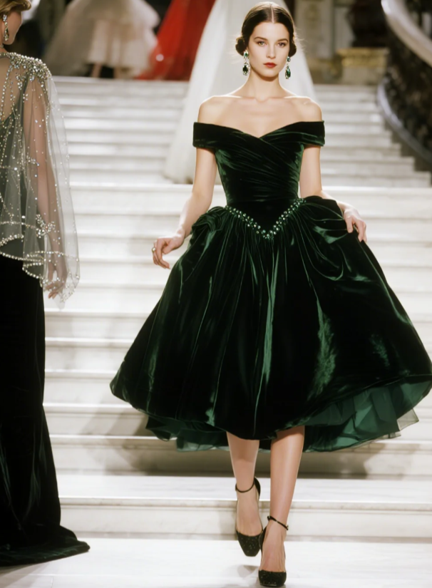 Gorgeous A-Line Dark Green Long Prom Dress Velvet Off-shoulder Sleeveless Evening Dress DP04843