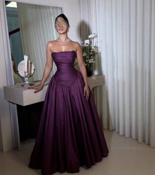 Sexy A-Line Purple Long Prom Dress Satin Strapless Sleeveless Evening Dress DP04845