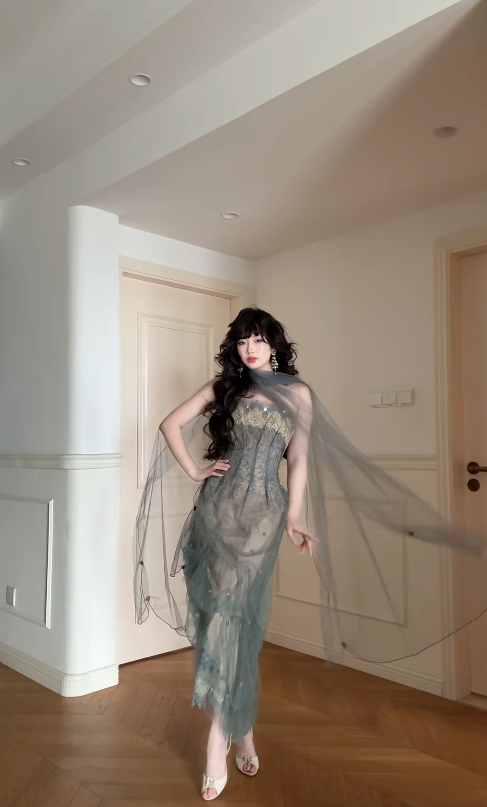 Sexy Sheath Green Long Prom Dress Tulle Strapless Sleeveless Evening Dress DP04847