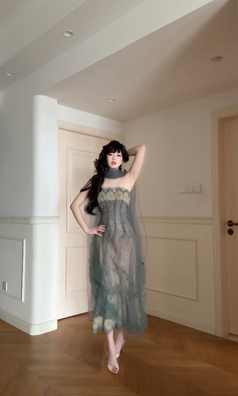 Sexy Sheath Green Long Prom Dress Tulle Strapless Sleeveless Evening Dress DP04847