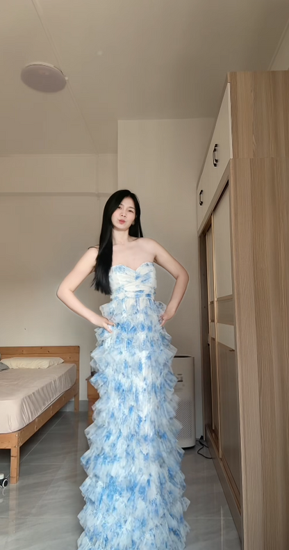 Cute Sheath Blue Long Prom Dress Tulle Strapless Evening Dress Sleeveless Birthday Dress DP04850