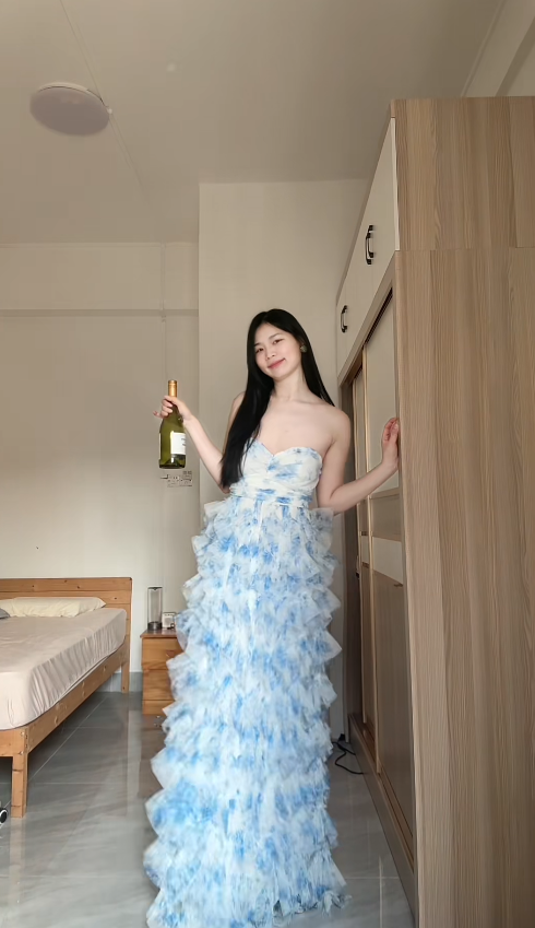 Cute Sheath Blue Long Prom Dress Tulle Strapless Evening Dress Sleeveless Birthday Dress DP04850