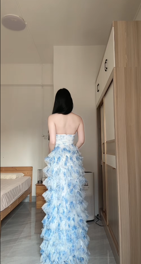 Cute Sheath Blue Long Prom Dress Tulle Strapless Evening Dress Sleeveless Birthday Dress DP04850