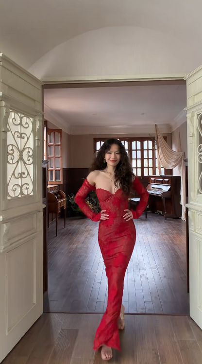 Chic Sheath Red Long Prom Dress Applique Chiffon Sweetheart Evening Dress  DP04854