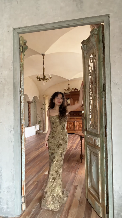 Chic Sheath Long Prom Dress Beaded Chiffon Spaghetti Straps Evening Dress DP04855