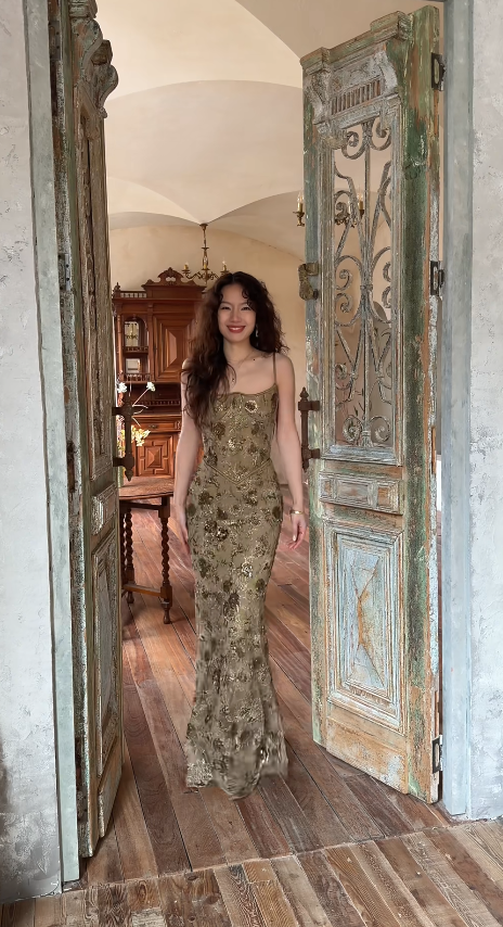 Chic Sheath Long Prom Dress Beaded Chiffon Spaghetti Straps Evening Dress DP04855