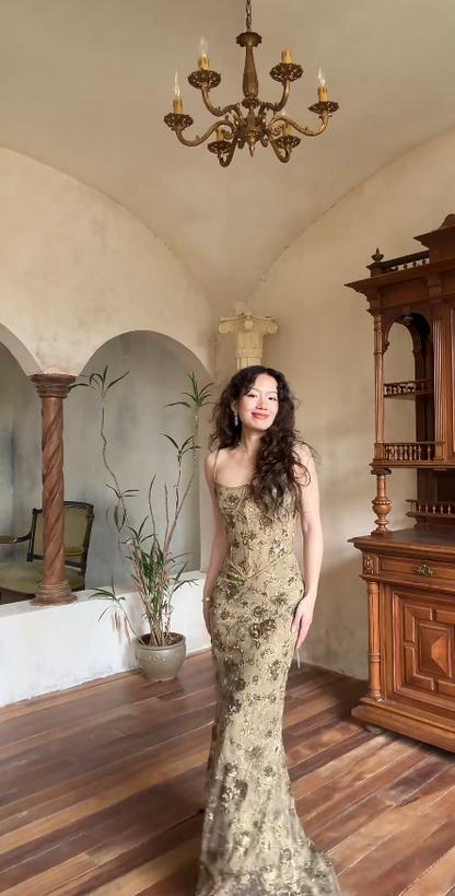 Chic Sheath Long Prom Dress Beaded Chiffon Spaghetti Straps Evening Dress DP04855