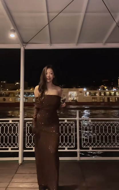 Chic Sheath Brown Long Prom Dress Rhistones Chiffon Off-shoulder Evening Dress DP04857