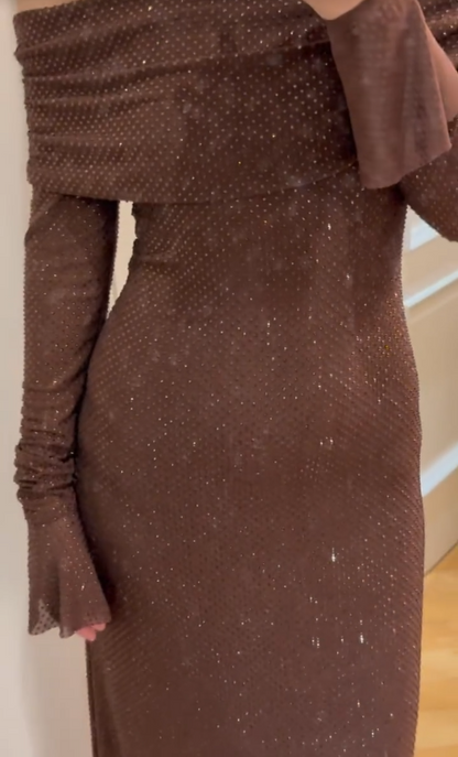 Chic Sheath Brown Long Prom Dress Rhistones Chiffon Off-shoulder Evening Dress DP04857