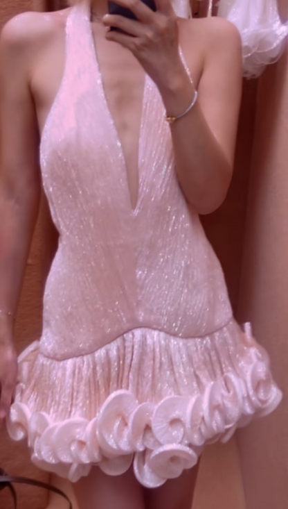 Sexy Sheath Pink Short Prom Dress Glitter Tulle V-neck Evening Dress Sleeveless Birthday Dress DP04858