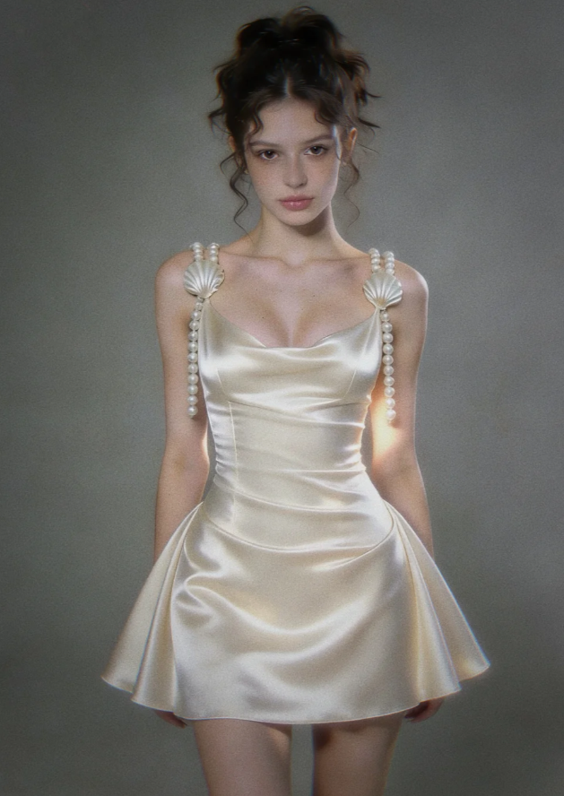 Sexy A-Line Chanpagne Short Prom Dress Satin Spaghetti Straps Evening Dress Sleeveless Birthday Dress DP04859