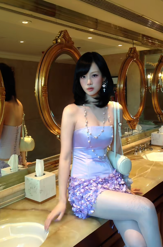 Sexy Sheath Lilac Short Prom Dress Satin Strapless Two-piece Evening Dress Sleeveless Birthday Dress DP04860