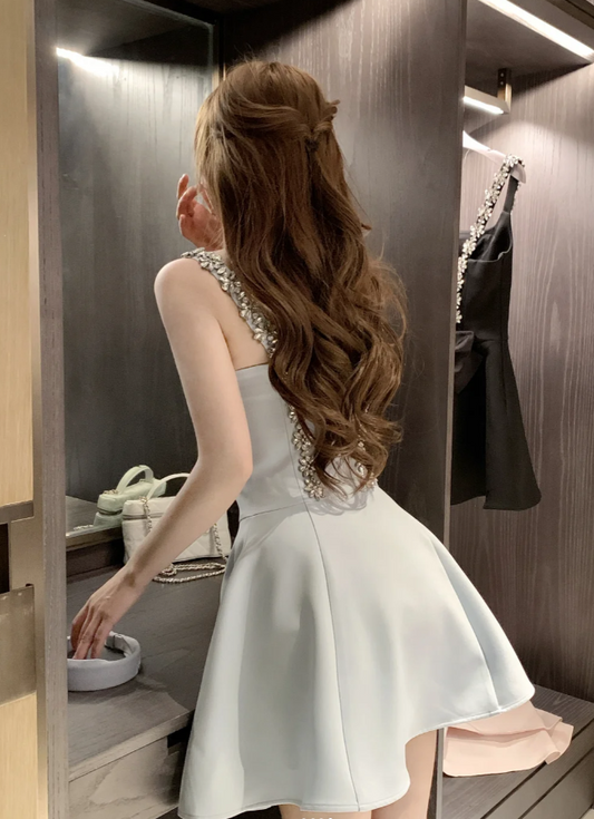 Fairy A-Line Pale Blue Short Prom Dress Satin Straps Evening Dress Sleeveless Birthday Dress DP04865