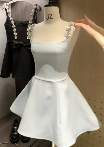 Fairy A-Line Pale Blue Short Prom Dress Satin Straps Evening Dress Sleeveless Birthday Dress DP04865