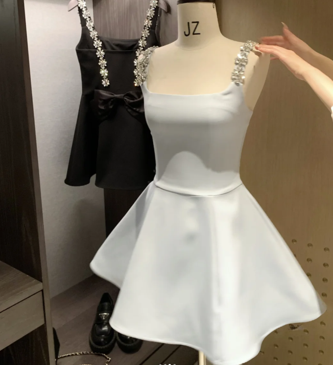 Fairy A-Line Pale Blue Short Prom Dress Satin Straps Evening Dress Sleeveless Birthday Dress DP04865