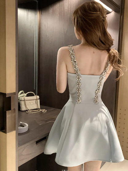 Fairy A-Line Pale Blue Short Prom Dress Satin Straps Evening Dress Sleeveless Birthday Dress DP04865