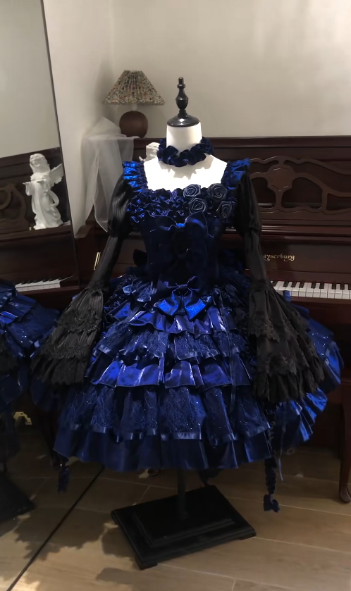 Fairy Ball Gown Royal Blue Lolita Dress Satin Lace Square Birthday Dress Long Sleeves Short Prom Dress DP04866