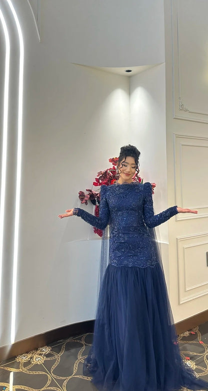 Elegant Sheath Navy Blue Long Prom Dress Jewel Tulle Beaded Evening Dress Long Sleeves Formal Dress DP04867