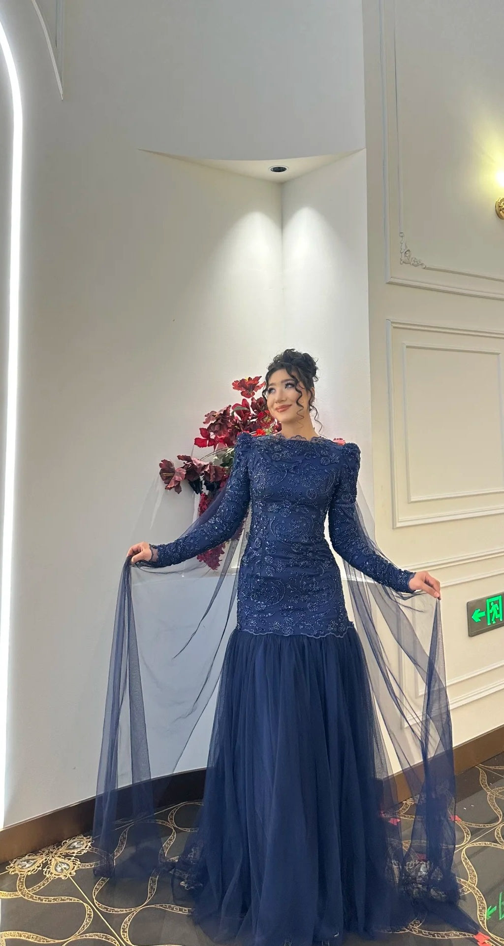 Elegant Sheath Navy Blue Long Prom Dress Jewel Tulle Beaded Evening Dress Long Sleeves Formal Dress DP04867