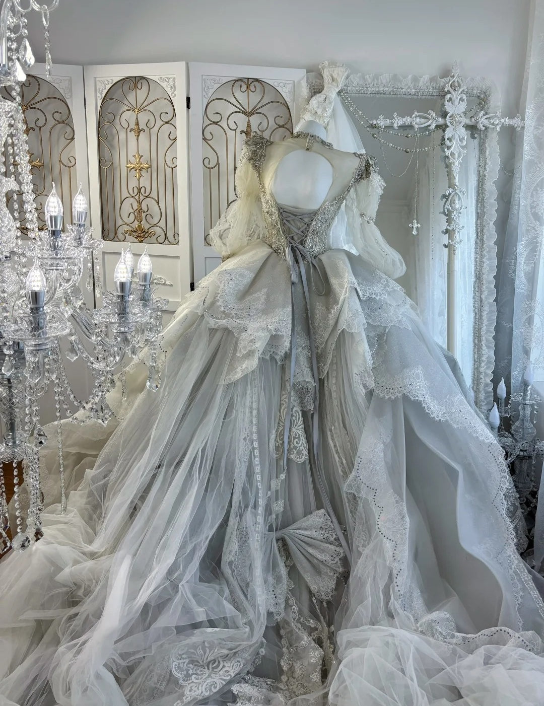 Gorgeous A-Line Gray Long Wedding Dress Jewel Tulle Beaded Bridal Dress Long Sleeves Bridal Gown DP04868