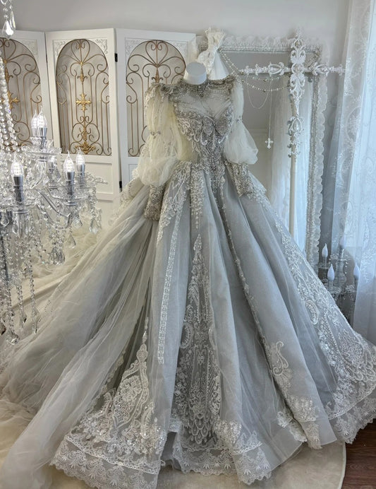 Gorgeous A-Line Gray Long Wedding Dress Jewel Tulle Beaded Bridal Dress Long Sleeves Bridal Gown DP04868