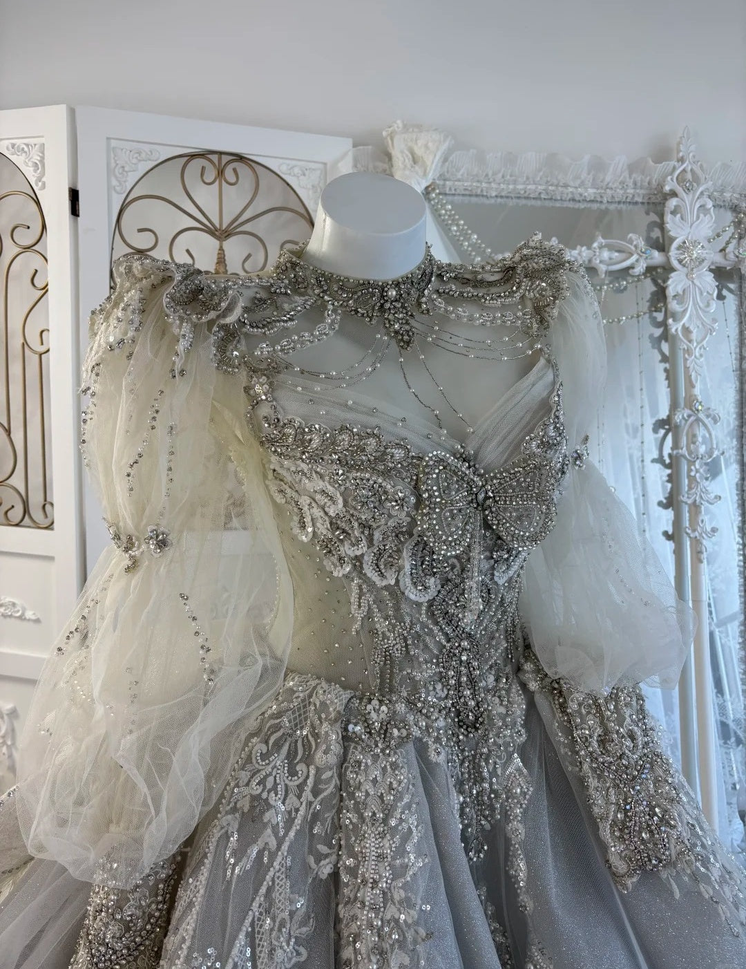 Gorgeous A-Line Gray Long Wedding Dress Jewel Tulle Beaded Bridal Dress Long Sleeves Bridal Gown DP04868