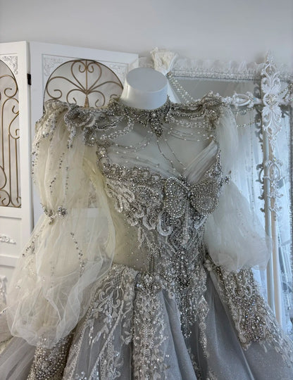 Gorgeous A-Line Gray Long Wedding Dress Jewel Tulle Beaded Bridal Dress Long Sleeves Bridal Gown DP04868